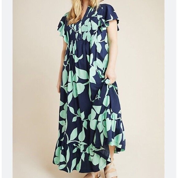 Anthropologie Maeve Cassandra Maxi Dress Large Navy Green Floral Classic Boho - Picture 2 of 15